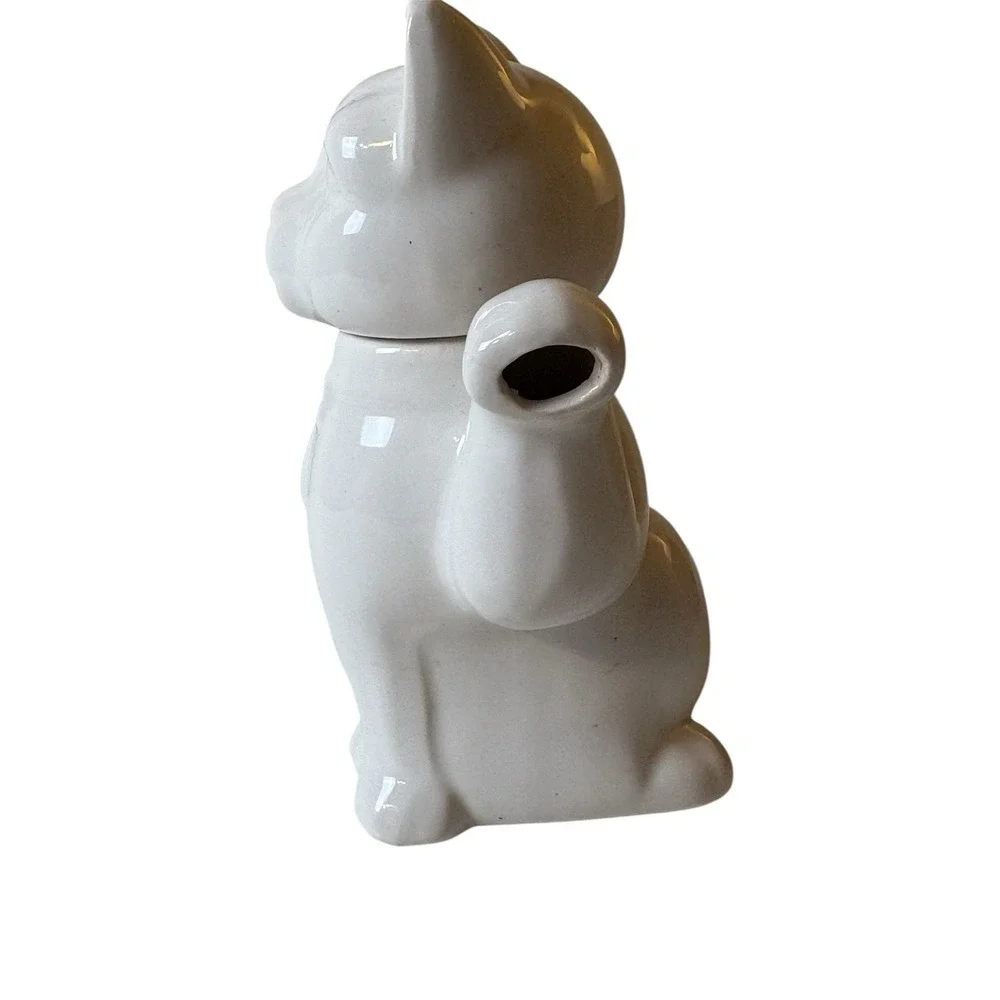 Vintage White Porcelain Cat Shaped Teapot‎ Bow Detail 
